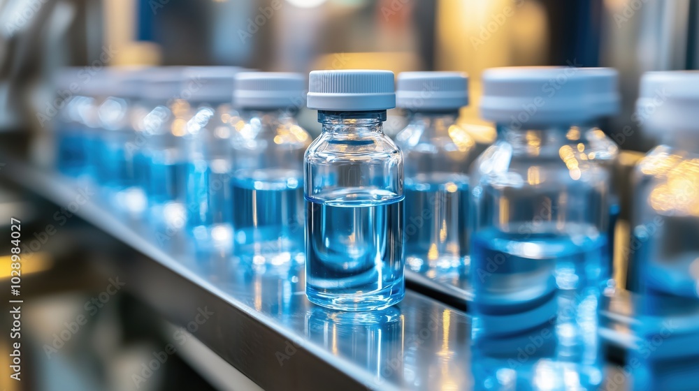 This image showcases advances in technology for enhancing production efficiency, featuring clear water bottles on a conveyor, symbolizing innovation and quality control. This image showcases advances in technology for enhancing production efficiency, featuring clear water bottles on a conveyor, symbolizing innovation and quality control.