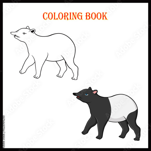 Lets color it . Coloring page with cute cartoon. Coloring page Tapir. Educational game for children. fun activities for kids to play and learn.