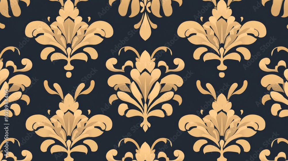 A pattern of flowers and leaves is shown in a black and gold color scheme. The design is ornate and intricate, with each element of the pattern carefully crafted to create a sense of elegance A pattern of flowers and leaves is shown in a black and gold color scheme. The design is ornate and intricate, with each element of the pattern carefully crafted to create a sense of elegance