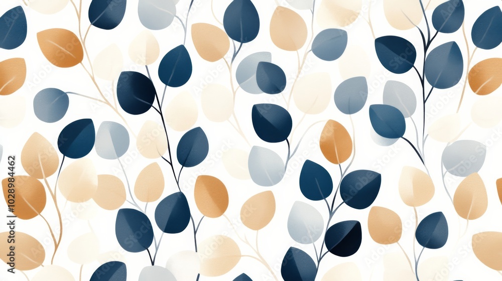 A blue and yellow leafy pattern with a white background. The leaves are of different sizes and colors, creating a sense of depth and movement A blue and yellow leafy pattern with a white background. The leaves are of different sizes and colors, creating a sense of depth and movement