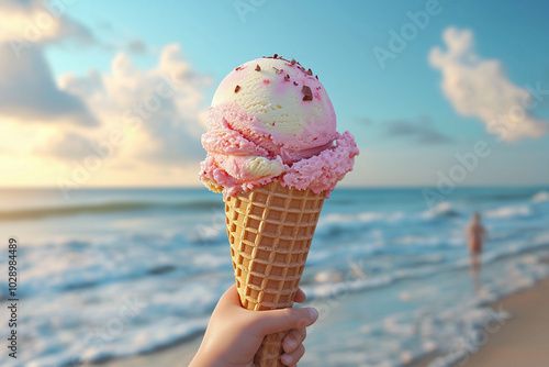 Enjoying a colorful ice cream cone by the beach during sunset