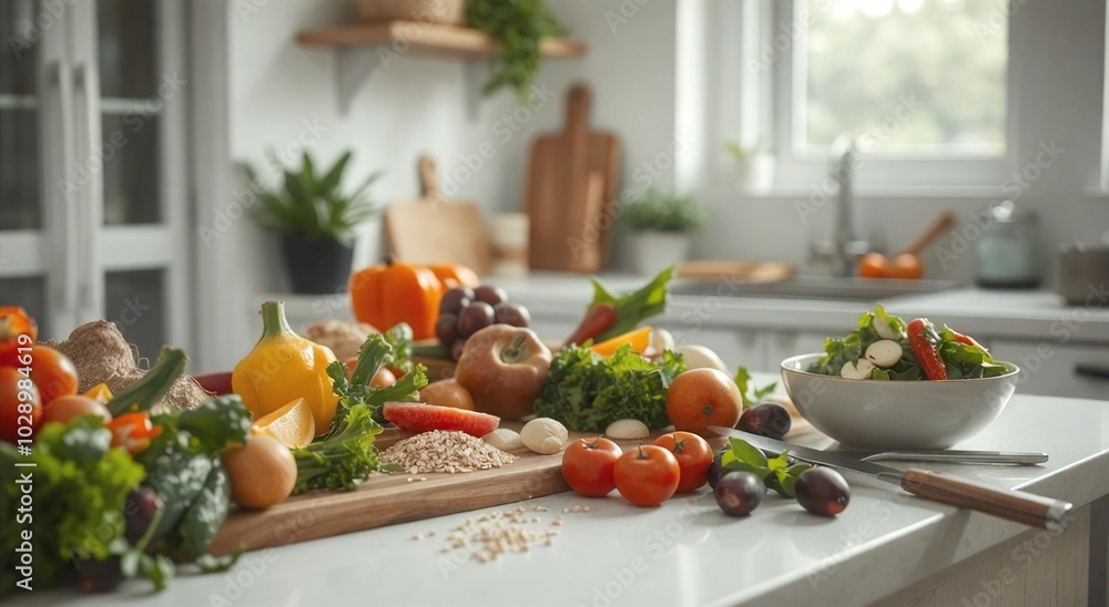 A healthy kitchen scene filled with fresh vegetables, symbolizing a balanced and nutritious lifestyle. Great for food-focused content and health-related promotions. A healthy kitchen scene filled with fresh vegetables, symbolizing a balanced and nutritious lifestyle. Great for food-focused content and health-related promotions.