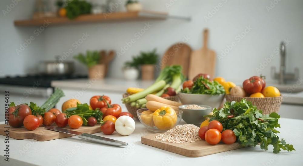 A vibrant kitchen scene filled with fresh vegetables, representing healthy eating and a wholesome lifestyle. Great for food blogs, nutrition promotions, and recipe content. A vibrant kitchen scene filled with fresh vegetables, representing healthy eating and a wholesome lifestyle. Great for food blogs, nutrition promotions, and recipe content.