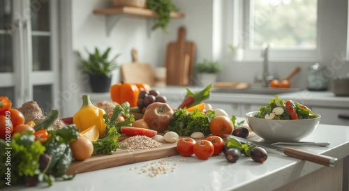 A healthy kitchen scene filled with fresh vegetables, symbolizing a balanced and nutritious lifestyle. Great for food-focused content and health-related promotions.