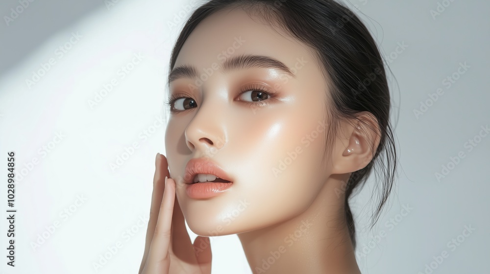 A portrait of a beautiful Asian woman showcasing smooth, clear skin. The image captures natural light to highlight her radiant glow and elegant expression. Perfect for beauty and skincare themes. A portrait of a beautiful Asian woman showcasing smooth, clear skin. The image captures natural light to highlight her radiant glow and elegant expression. Perfect for beauty and skincare themes.