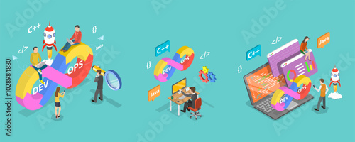 3D Isometric Flat Vector Illustration of DevOps, Streamlineing Development And Operations Processes