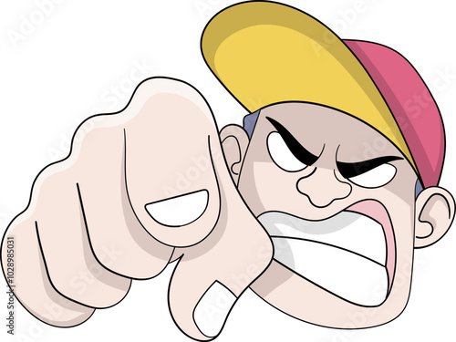 Angry Cartoon Character Pointing Aggressively with Intense Facial Expression