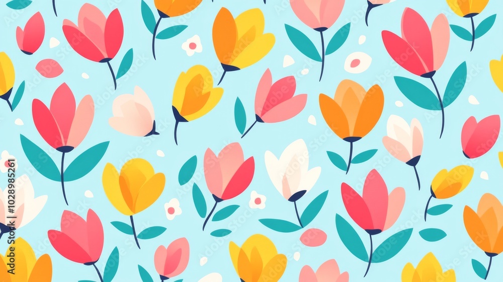 Fototapeta premium A colorful floral pattern on a blue background. The flowers are in various colors and sizes, and they are arranged in a way that creates a sense of movement and energy. Scene is cheerful and uplifting