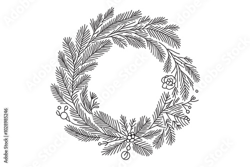 Christmas wreath, vector illustration. Continuous line drawing