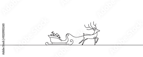 One continuous line drawing Santa Claus on reindeer and sled. concept for Christmas and New Year. vector illustration.