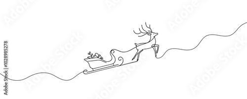 One continuous line drawing Santa Claus on reindeer and sled. concept for Christmas and New Year. vector illustration.