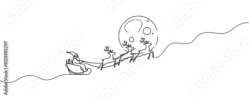 One continuous line drawing Santa Claus on reindeer and sled. concept for Christmas and New Year. vector illustration.