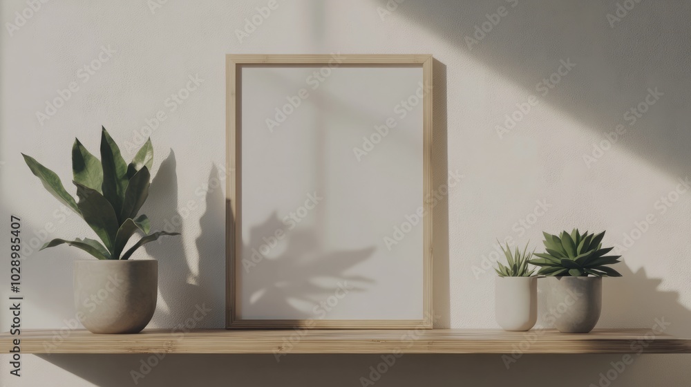 Minimalist shelf with plants and a blank frame for decoration. Minimalist shelf with plants and a blank frame for decoration.