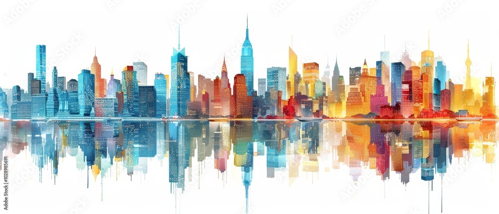 Naklejka premium Vibrant City Skyline Reflection at Dusk