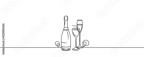 Continuous one line drawing of champagne bottle and glasses. vector illustration