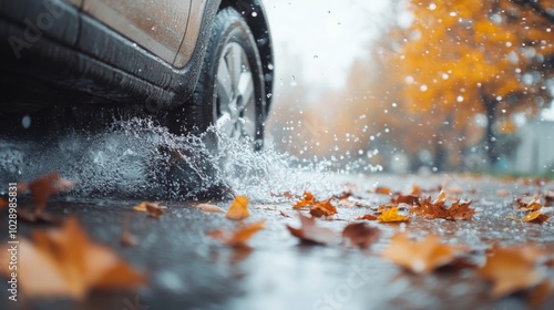 Fototapeta Naklejka Na Ścianę i Meble -  A car drives through a puddle on a wet asphalt road. The tire splashes water and creates a small wave. Fallen leaves are scattered on the road, and the rain is falling heavily.
