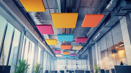 Acoustic ceiling sound absorb. Modern office interior with colorful ceiling panels and large windows. photo