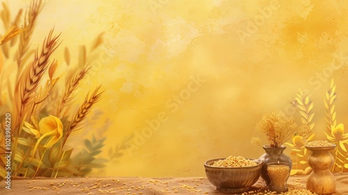 The illustration highlights the essence of Shavuot featuring a warm yellow background adorned with wheat grains and decorative elements perfect for festive themes and celebrations