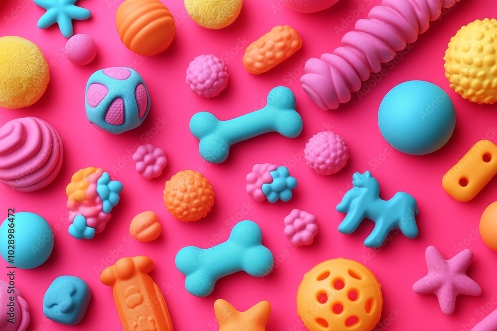 Vibrant assortment of pet toys scattered on a bright pink background, creating a playful atmosphere for pet-related projects and social media posts. Animal engagement concept Vibrant assortment of pet toys scattered on a bright pink background, creating a playful atmosphere for pet-related projects and social media posts. Animal engagement concept