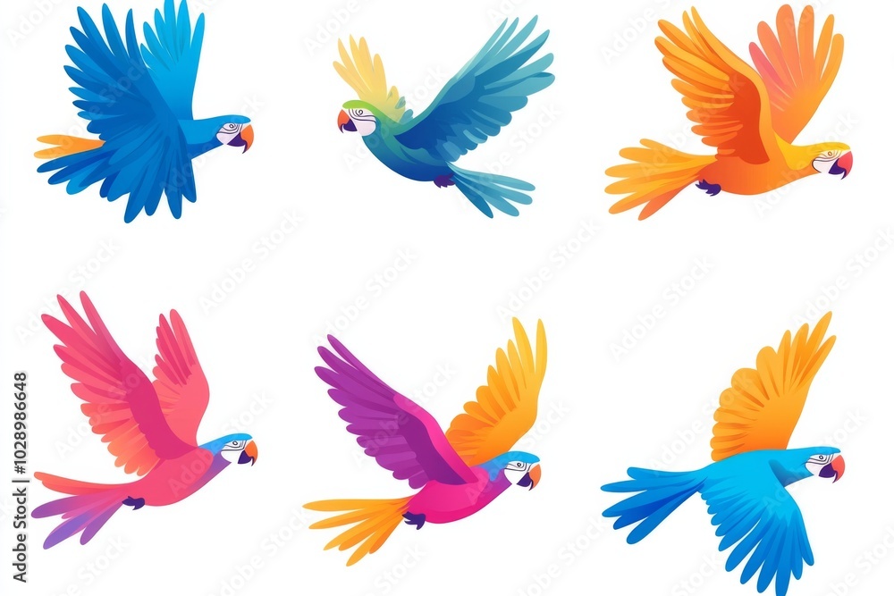 Obraz premium A series of colorful birds flying in the sky. The birds are of different colors and sizes, and they are all flying in different directions. The scene is lively and full of energy