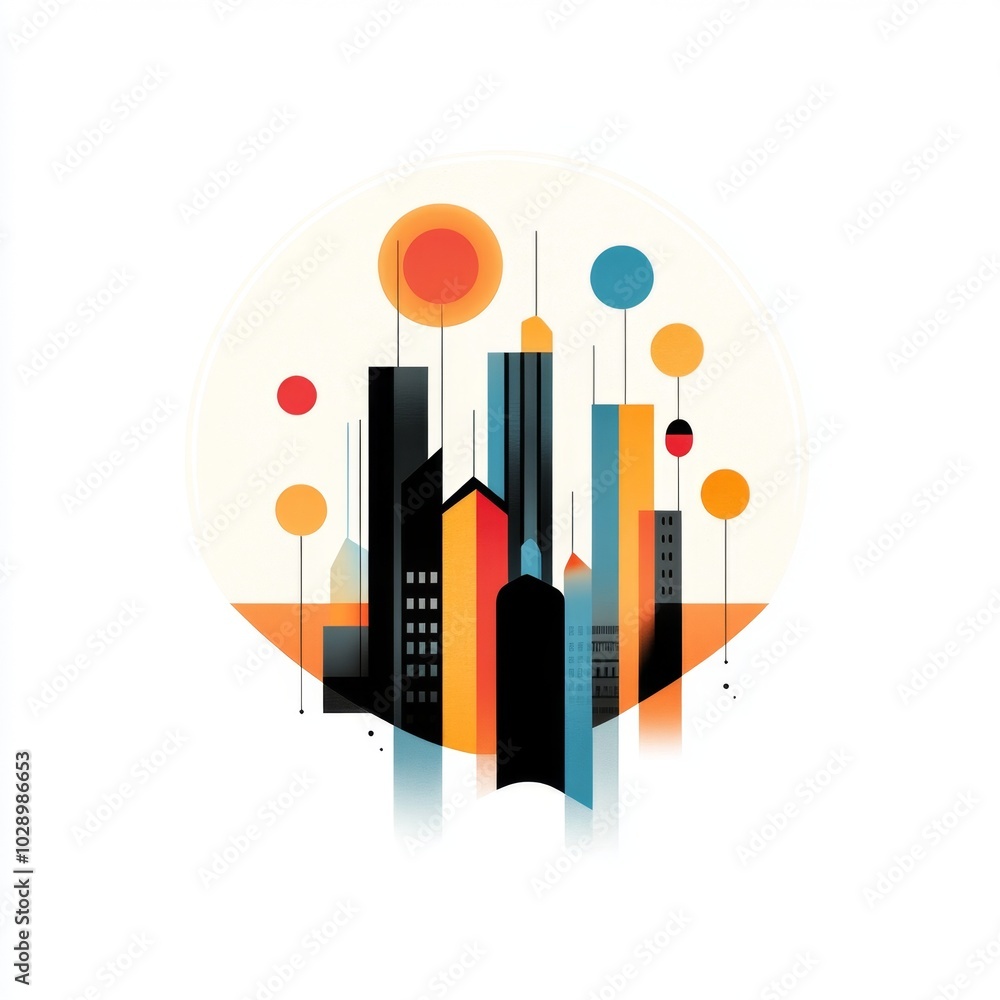 Abstract Cityscape with Geometric Shapes and Colorful Circles Abstract Cityscape with Geometric Shapes and Colorful Circles