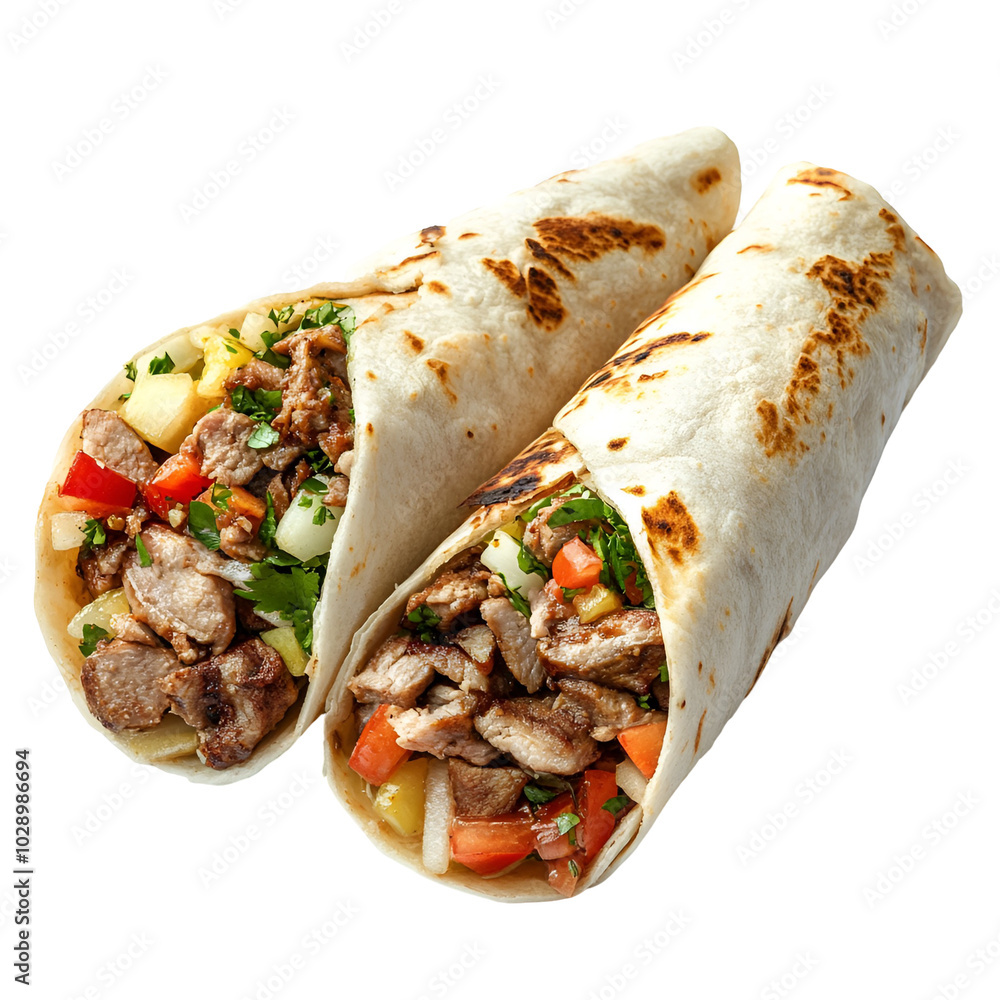 Two Delicious Grilled Meat Burritos With Toppings Two Delicious Grilled Meat Burritos With Toppings
