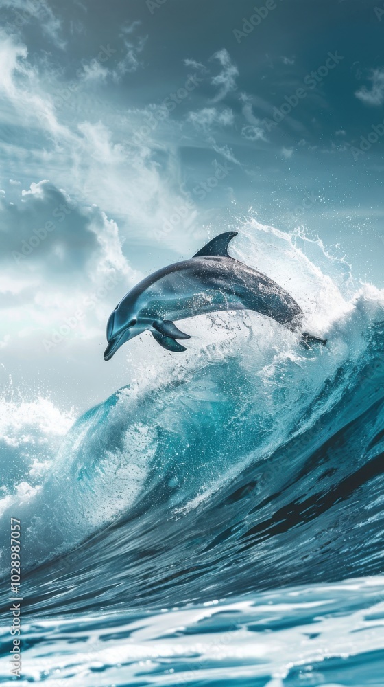 Fototapeta premium Graceful dolphin leaping out of turquoise ocean waves, 4K hyperrealistic photo.