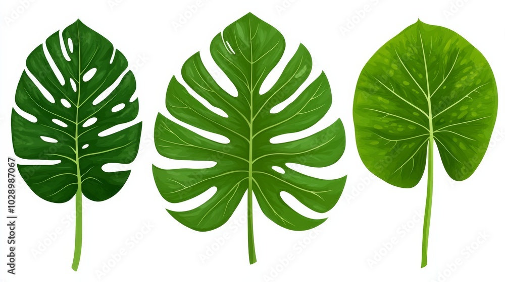 Three green leaves with one of them being a palmate leaf. The other two are not palmate Three green leaves with one of them being a palmate leaf. The other two are not palmate