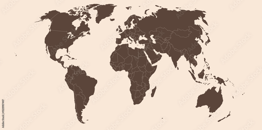 Naklejka premium Map of the world. Solid silhouettes continents on a beige background. Banner, background for website or print. Vector graphics.