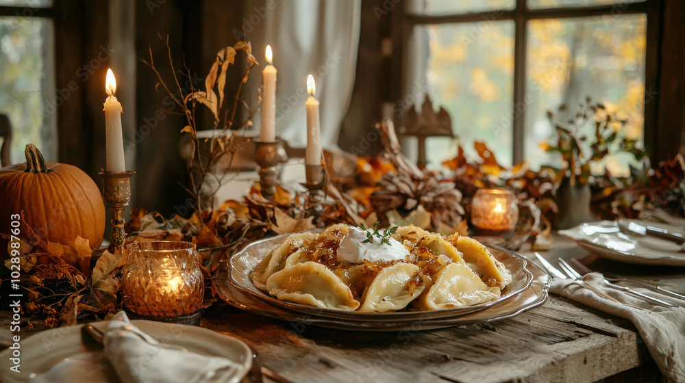 Naklejka premium Rustic Thanksgiving Table with Pierogi and Autumn Decor