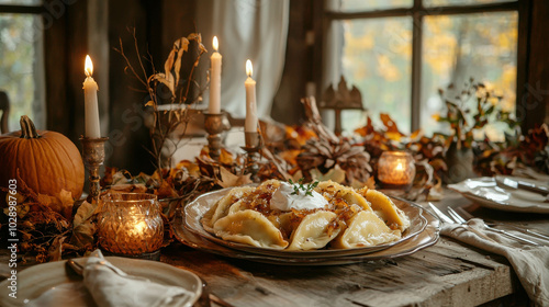 Rustic Thanksgiving Table with Pierogi and Autumn Decor