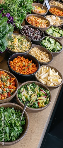 Colorful variety of fresh salads in bowls, healthy dining option