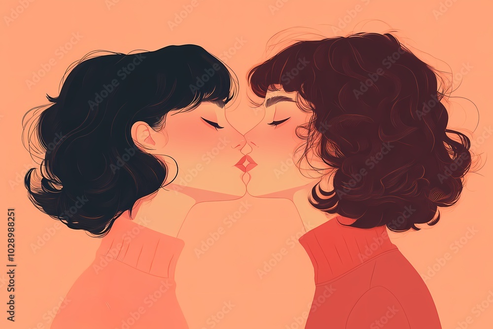 Vector Flat Illustration of Two Gay Women Kissing Reflecting Diversity and LGBTQ Pride Vector Flat Illustration of Two Gay Women Kissing Reflecting Diversity and LGBTQ Pride