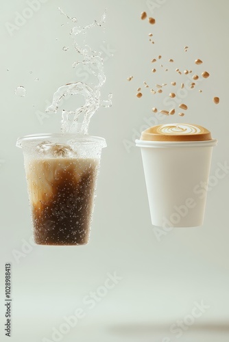 two floating coffee cups on light, neutral background, transparent plastic cup with iced coffee, white paper cup with hot coffee