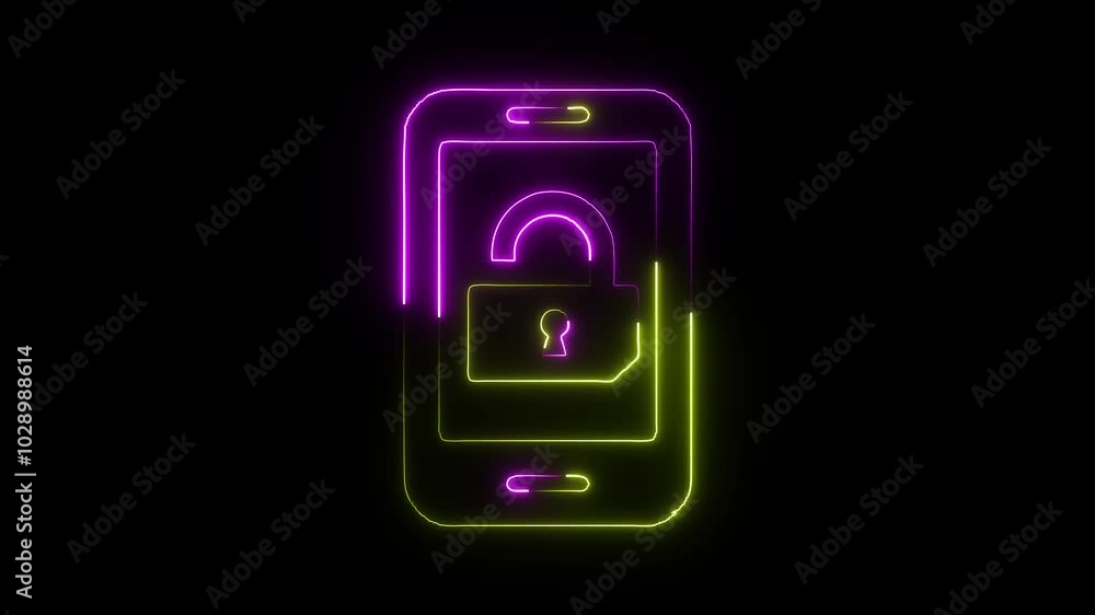 Mobile phone with lock simple icon vector. Flat design. Purple neon on black background. Mobile phone with lock simple icon vector. Flat design. Purple neon on black background.
