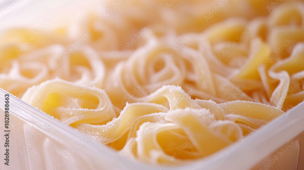 Frozen pasta with visible frost in a plastic container Frozen pasta with visible frost in a plastic container