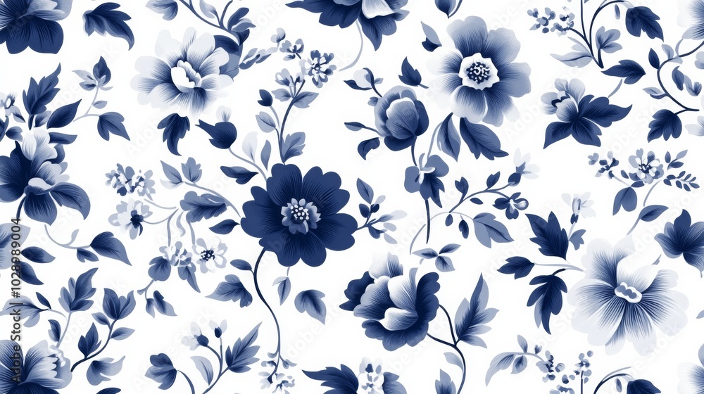 A blue and white floral patterned background with flowers. The flowers are in various sizes and are scattered throughout the background A blue and white floral patterned background with flowers. The flowers are in various sizes and are scattered throughout the background