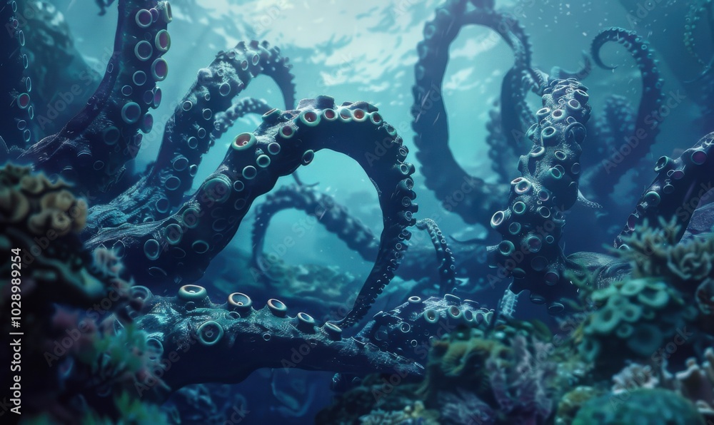 Kraken tentacles coiling around a coral reef, disturbing marine life, 4K hyperrealistic photo