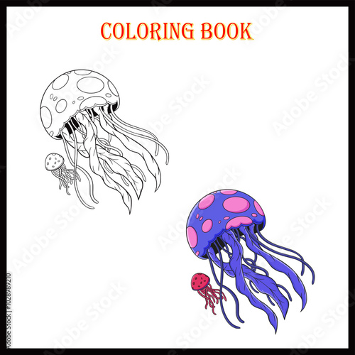 Jellyfish, marine underwater animal. Continuous line drawing. Vector illustration.