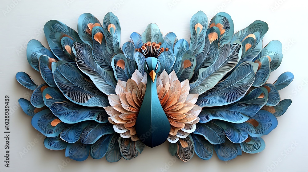 Paper cut peacock with layered feathers in intricate patterns, creating a detailed and elegant wall piece, paper cut peacock, layered decorative design Paper cut peacock with layered feathers in intricate patterns, creating a detailed and elegant wall piece, paper cut peacock, layered decorative design