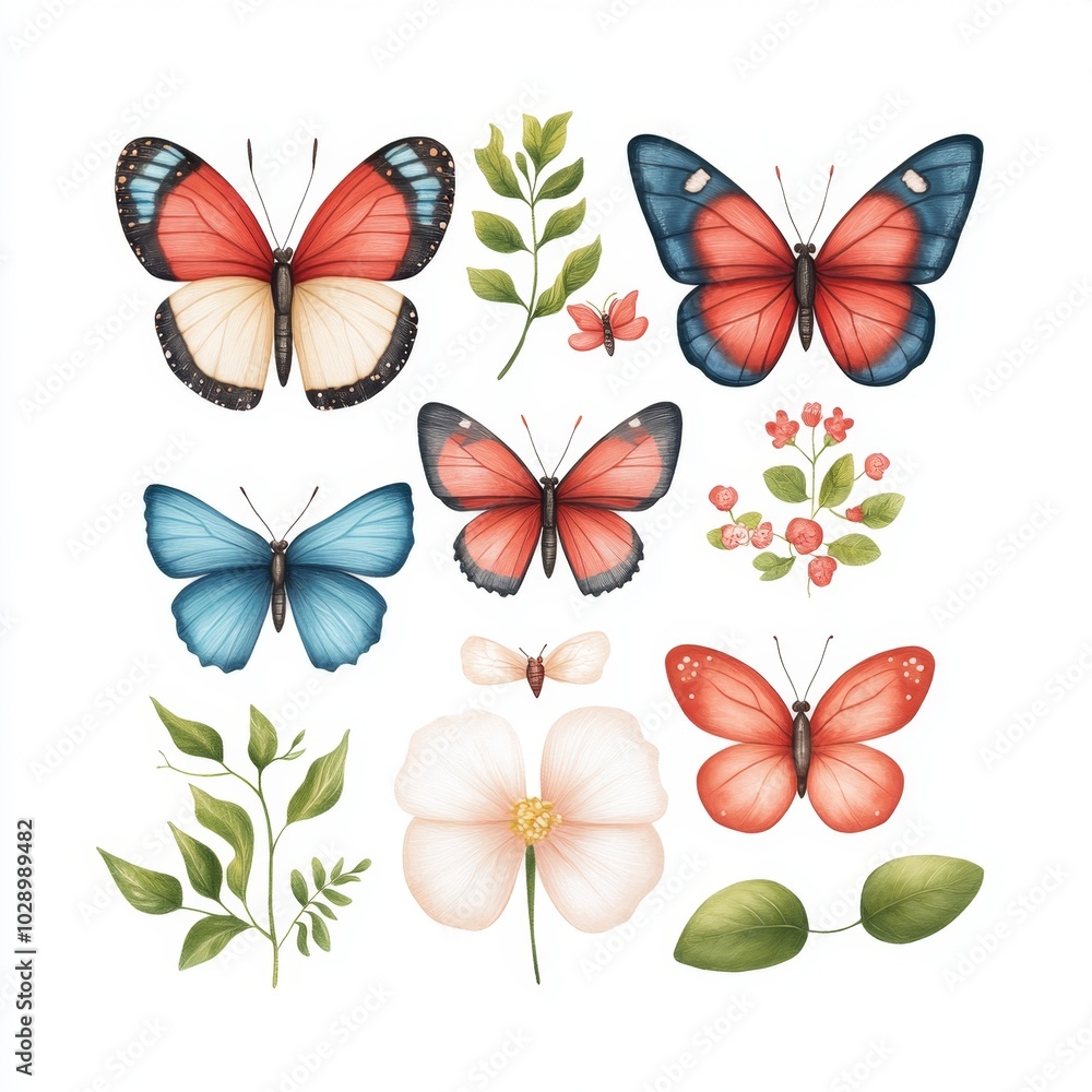 Watercolor Butterflies Flowers and Leaves Set Watercolor Butterflies Flowers and Leaves Set