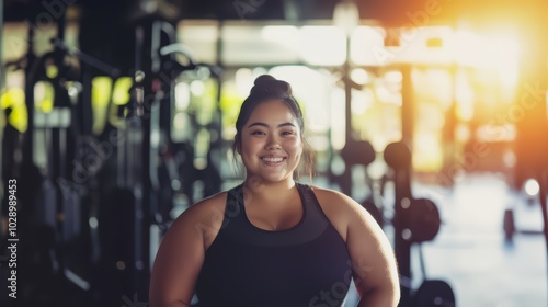 Overweight person starts exercising concept. A happy slightly plump young Asian woman at the gym ready to work out