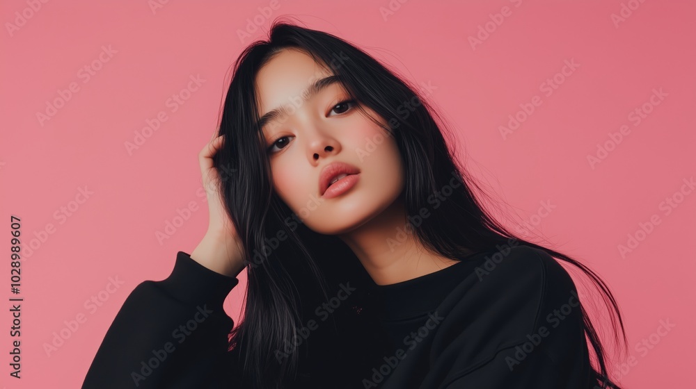 Young woman with long hair poses confidently against a vibrant pink background, showcasing a casual style and alluring expression Young woman with long hair poses confidently against a vibrant pink background, showcasing a casual style and alluring expression