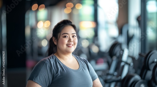 Overweight person starts exercising concept. A happy slightly plump young Asian woman at the gym ready to work out