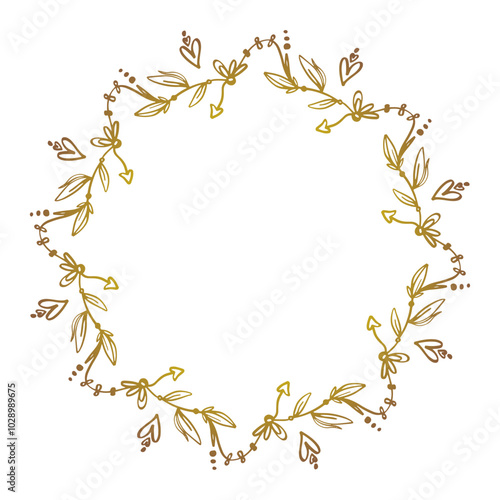 Elegant wreath - doodles dancing hearts and leaves.