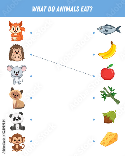 What do animals eat? Find the right picture. Educational game for children. Cute cartoon animals and their food. Vector illustration