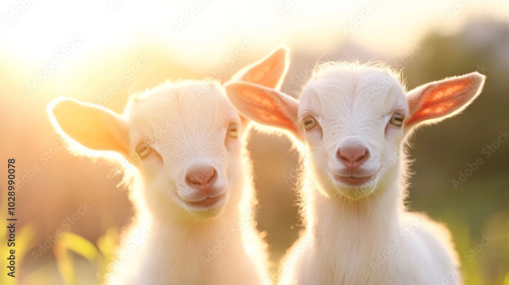 Fototapeta premium Two baby goats are standing next to each other in the sun. They are both smiling and looking at the camera
