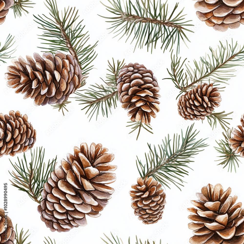 Fototapeta premium Watercolor Pine cone seamless pattern, watercolor illustration, Christmas background.