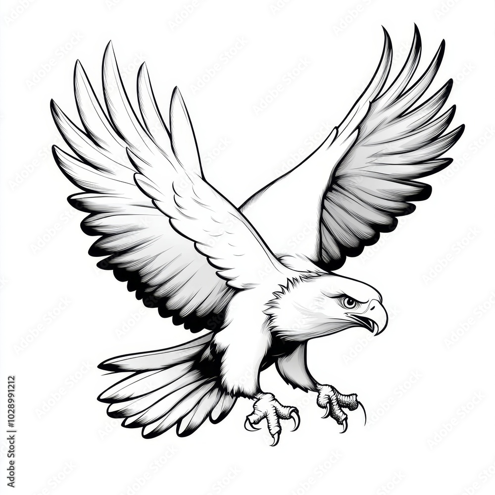 Fototapeta premium Eagle Flying Wings Spread Black And White Illustration
