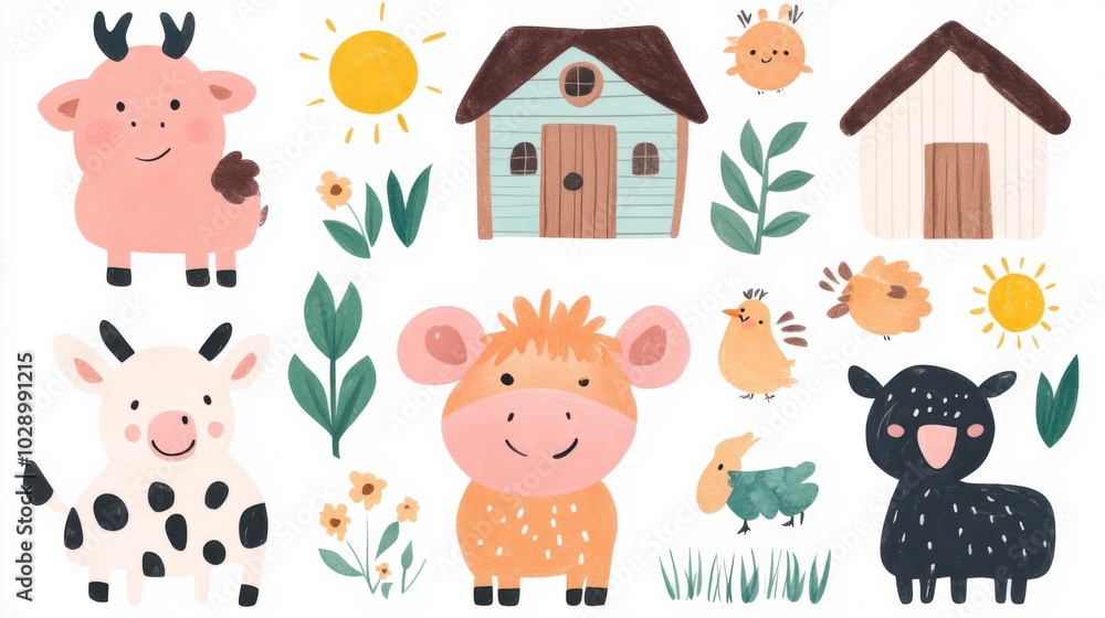 A collection of farm animals and a house. The animals are smiling and the house is blue. Scene is cheerful and playful A collection of farm animals and a house. The animals are smiling and the house is blue. Scene is cheerful and playful